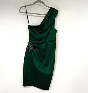 XSCAPE Cocktail Dress 10 Emerald Green One Shoulder Gathered Waist Embellished